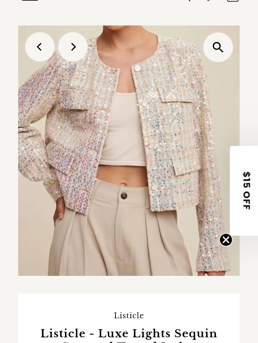 Listicle Luxe Lights Sequin Cropped Blazer - Iridescent Cream